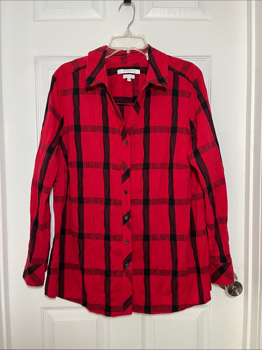 Foxcroft Red and Black Windowpane Plaid Button-Up Long Sleeve Shirt